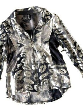 Berek Silver Metallic Lips Print Charcoal Blue Lightweight Zip Jacket Size S